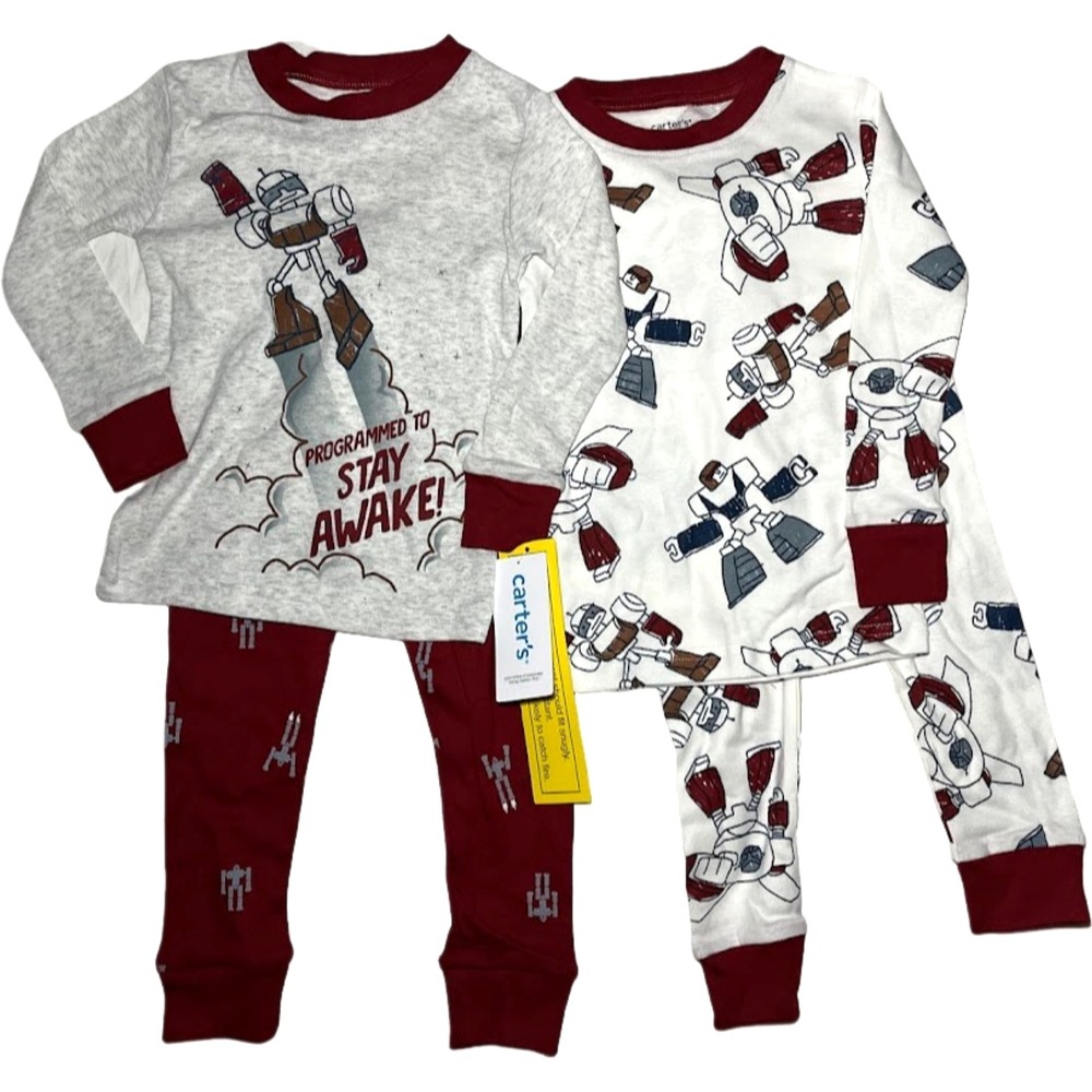 Carter's Baby Boy 24 Mos Pajama Set 4pc Robot Long Sleeve‎ Pants Gray White NWT